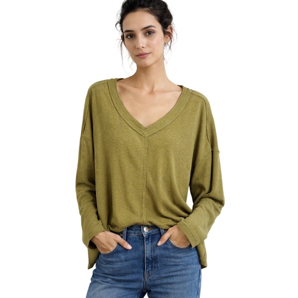 POL Womens Top M Olive Green Relaxed Boho Drop Shoulder Waffle Knit Minimalist